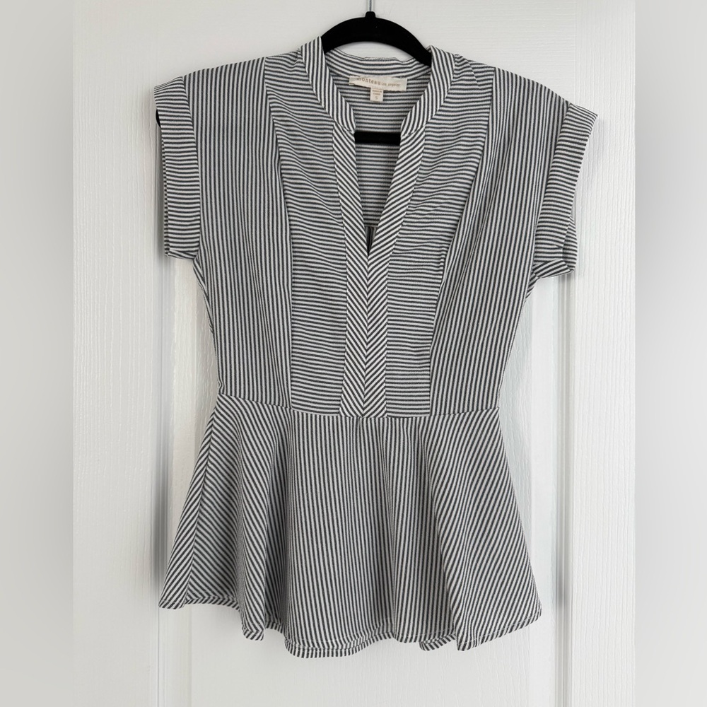 Monteau Black/Gray and White Striped Blouse